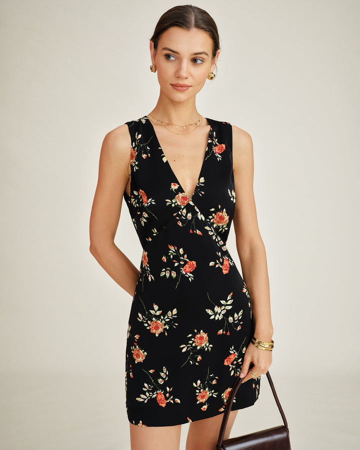 Women's Floral Print V-Neck Sleeveless A-Line Mini Dress