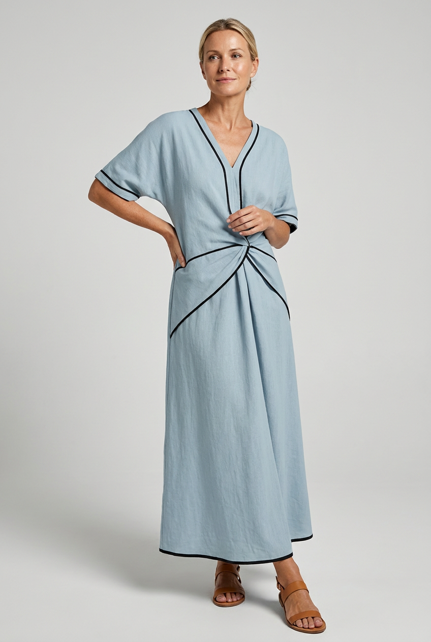 Women's Twist Front Maxi Dress V-Neck Contrast Trim