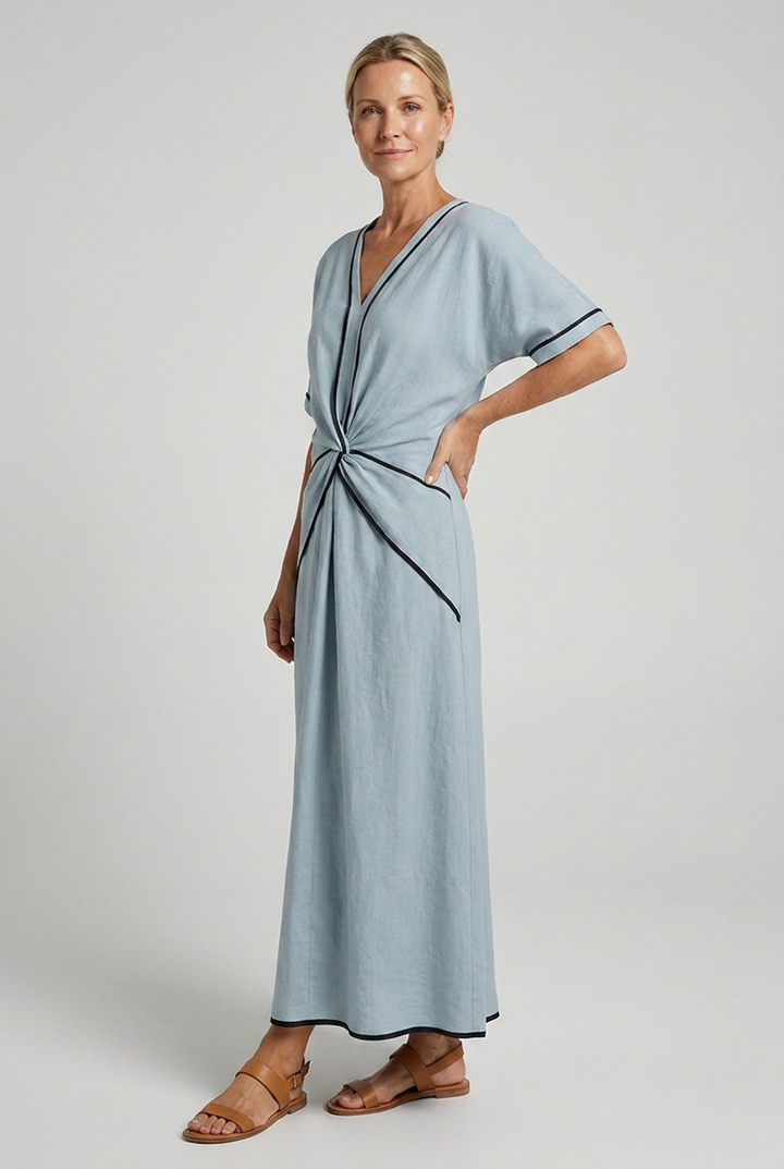 Women's Twist Front Maxi Dress V-Neck Contrast Trim