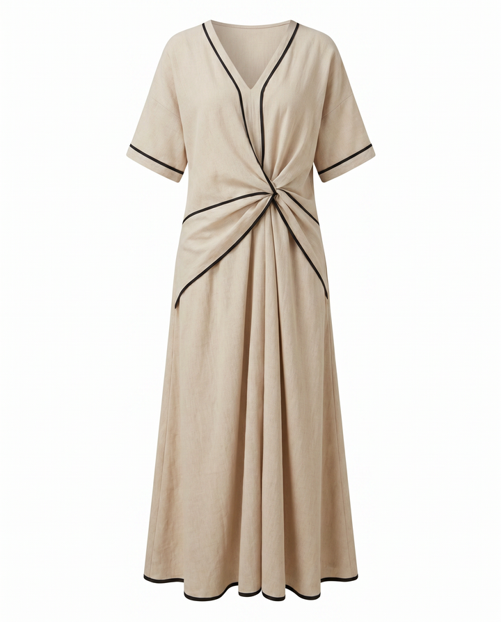 Women's Twist Front Maxi Dress V-Neck Contrast Trim