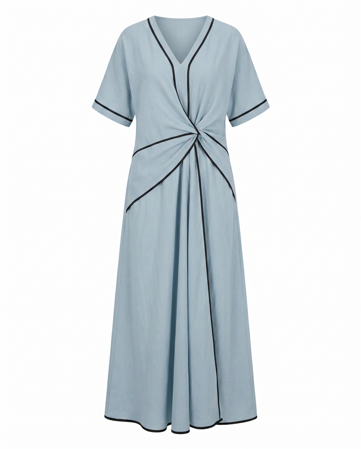 Women's Twist Front Maxi Dress V-Neck Contrast Trim